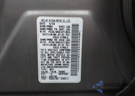 2004 Nissan Murano Sl из США, поврежденный, VIN JN8AZ08W34W330581